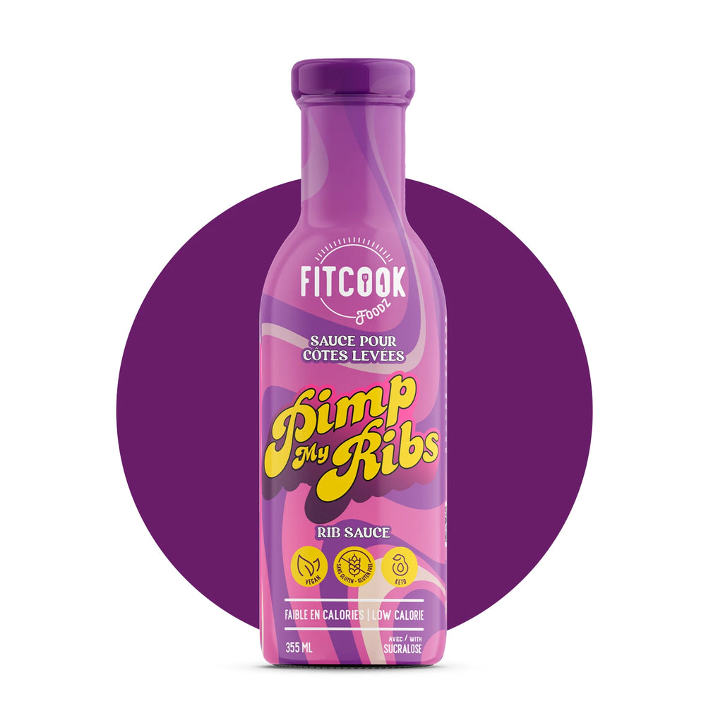 Bouteille de Pimp my Ribs, sauce bbq sans sucre et faible en calories pour les côtes levées par FitCook Foodz. Produit du Fit Cook.